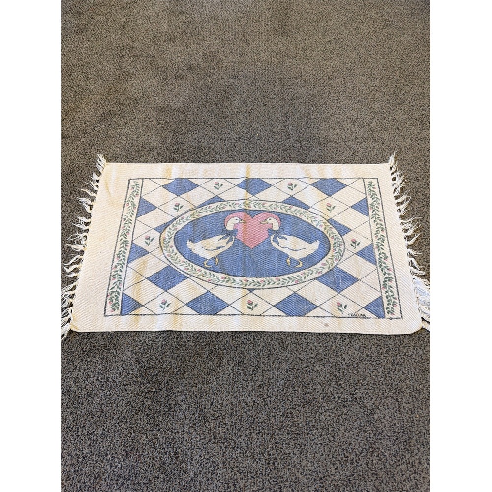 Vintage Ducks & Bows Woven Kitchen Rug Cottagcore Blue Goose 17.5" By 30"